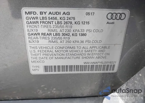 2018 Audi Q5 2.0T Premium/2.0T Tech Premium z USA, uszkodzony, nr VIN WA1ANAFY5J2016221